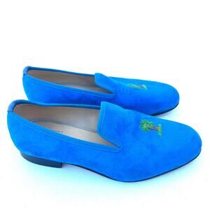 Shipton & Heneage Men’s Velvet Smoking Slippers Loafers Blue Palm Tree US 9